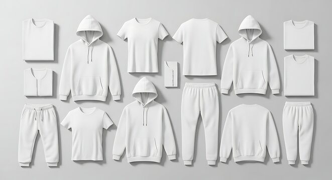 White apparel collection, various clothing items, studio shot, clean background.