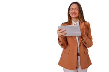 Cheerful professional woman in a blazer holding a tablet, using modern technology for communication and remote work. Transparent background