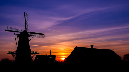 Windmill silhouette against vibrant sunset with traditional farmhouse in rural landscape