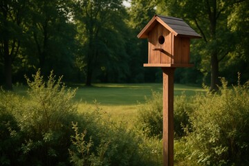 Wooden birdhouse mounted on a tall pole in a park clearing, surrounded by wild shrubs.