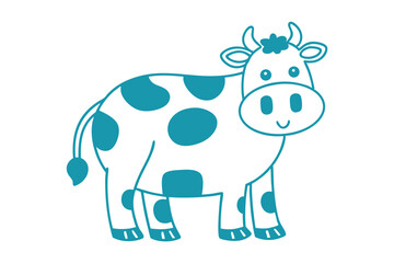 Happy white cartoon cow with teal spots stands calmly, a playful animal