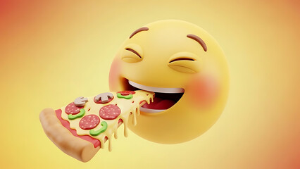 Laughing emoji eating slice of pepperoni pizza with melted cheese and green peppers on yellow background