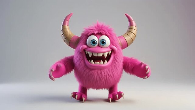 A cartoon one-eyed pink monster with a fluffy body, large curved horns, and pink inner ears is dancing. Ai