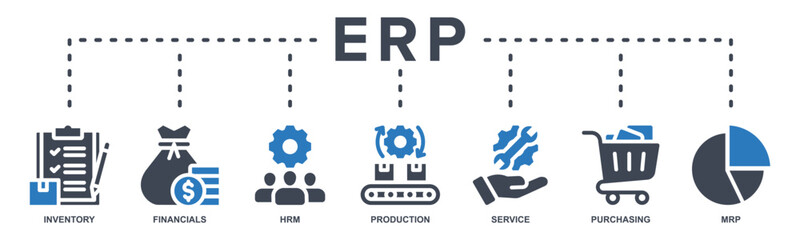 Fototapeta premium ERP (Enterprise Resource Planning) web banner icon vector illustration with icon of inventory, financials, HRM, production, service, purchasing, and MRP.