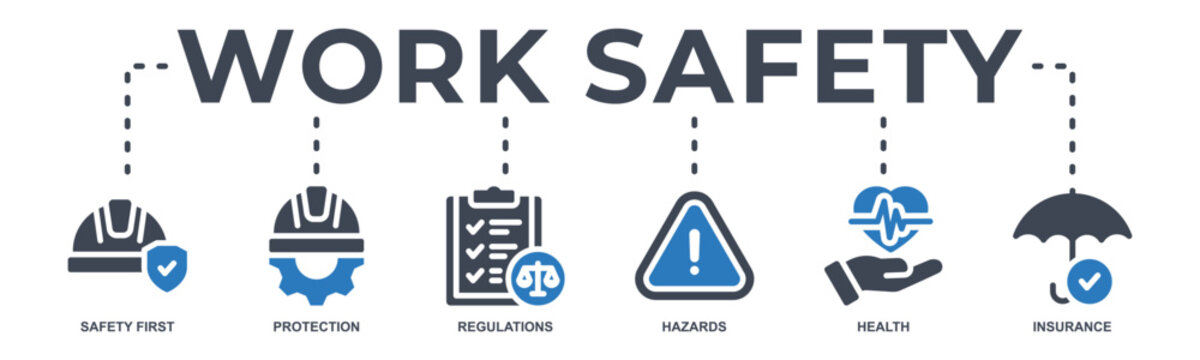 Work safety web banner icon vector illustration for occupational safety and health at work with  icon of safety first, protection, regulations, hazards, health, and insurance.