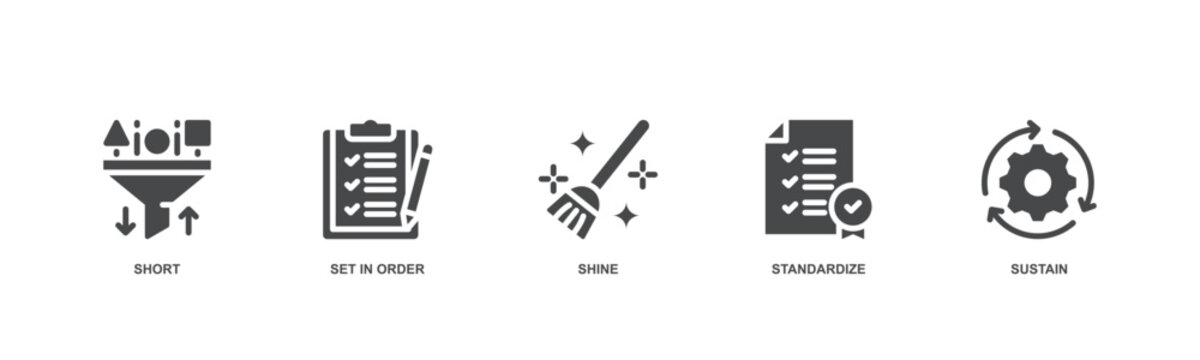 5s concept icon illustration for lean manufacturing methodology of cleaning organization system with icon of sort, set in order, shine, standardize, and sustain icon