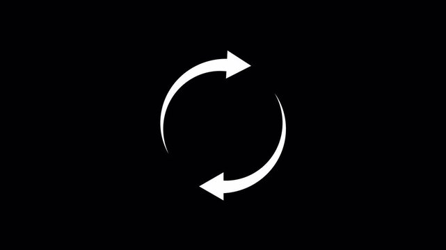 White Recycle Symbol Circle Arrow Icon Animation Loop. Simple Reload Rotation or Reset Sign Isolated on Black Background. 4k video animation seamless loop