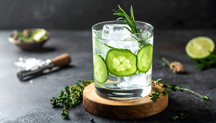 Fototapeta premium Glass tumbler ice cubes fresh herbs rosemary thyme cucumber slices cold beverage refreshing drink mocktail mineral water luxury tonic garnish generative AI