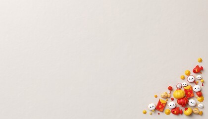 A colorful heap of festive decorations and ornaments, arranged in a triangular pile on a plain white surface.