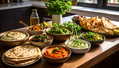 Modern kitchen table traditional flatbread injera naan dips hummus guacamole fusion cuisine food styling multicultural meal dining contemporary appetizer sharing platter generative AI