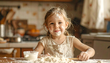 Child baking kitchen mess flour face licking spatula dough toddler childhood fun cooking baking chaos messy home domestic portrait play generative AI