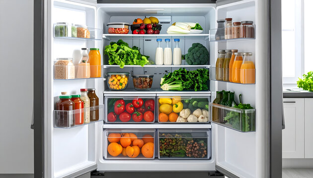Fridge interior organized glass containers silicone bags sustainable food storage eco friendly zero waste plastic free fresh vegetables kitchen domestic lifestyle generative AI