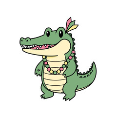Obraz premium Cartoon alligator mascot wearing necklace and feather decoration 