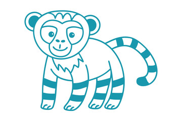 Cheerful teal lemur shows its striped legs and tail on white surface © Shipon