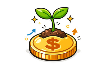 Financial growth concept: plant on gold coin with arrows and sparkles