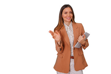 Confident businesswoman smiling, holding tablet and gesturing, presenting information with a transparent background