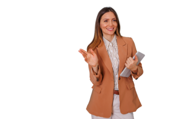 Confident businesswoman smiling, holding tablet and gesturing, presenting information with a transparent background