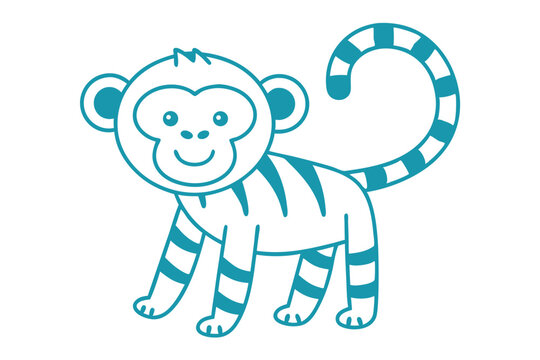 Cheerful outlined monkey with striped legs and tail smiles gently on a white scene