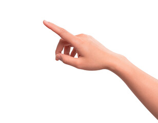 Hand pointing or pressing imaginary screen, isolated on transparent PNG. High quality studio shot.