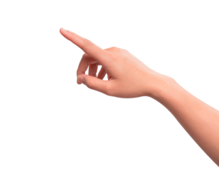 Hand pointing or pressing imaginary screen, isolated on transparent PNG. High quality studio shot.