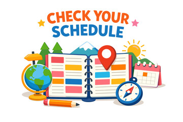 Colorful planner and calendar with location icon and world globe for schedule management