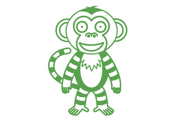 Cheerful monkey with striped body and tail stands with a smiling cartoon face