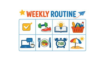 Colorful weekly routine grid with icons for daily activities and tasks