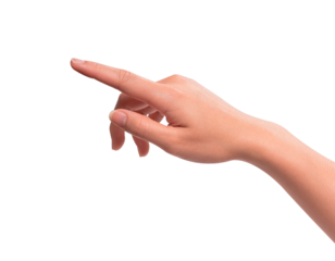 Hand pointing or pressing imaginary screen, isolated on transparent PNG. High quality studio shot.
