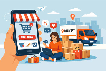 Online shopping concept with female using laptop and delivery truck in urban setting