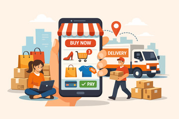 Online shopping concept with delivery, female with laptop, male courier, e-commerce app on smartphone