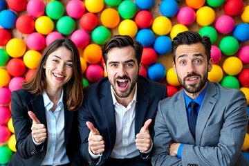 Business professionals making goofy faces in front of a huge heap of vibrant stress balls.