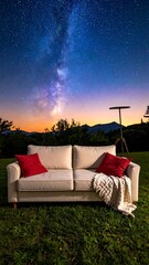 A cream sofa sits in a green field under a vibrant, starry night sky, adorned with red pillows and a white blanket