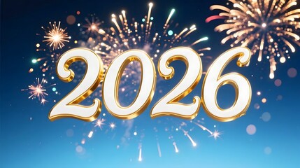 White 2026 typography with golden edges blue gradient background fireworks explosion bokeh sparkle cinematic shot