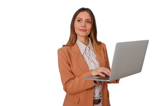 Businesswoman holding and typing on a laptop, standing with a thoughtful and professional expression on a transparent background - Powered by Adobe