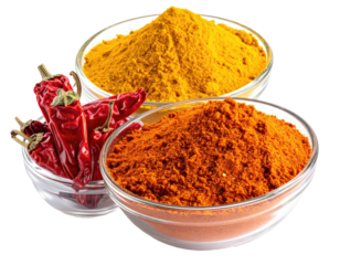 Bowls of red chili peppers and yellow turmeric powder
