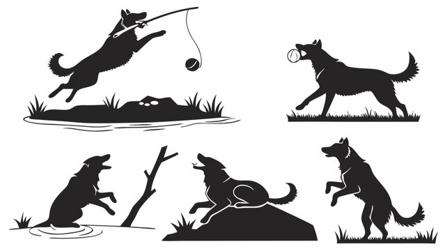 Loyal Canine Activity Silhouettes Training Running Jumping Howling Vector Set for Pet Care and Outdoor Adventure Graphics