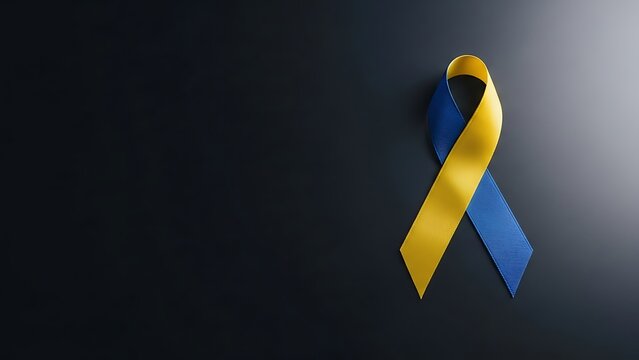 Blue and yellow ribbon symbolizing support for ukraine on a black background - Powered by Adobe