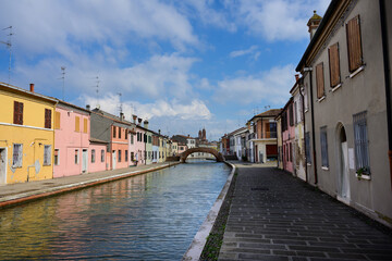 Comacchio Fishing Village Cityscape with Canal and Pastel Colored Houses