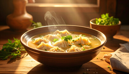 Vegan dumplings broth soup plate wooden table backlight traditional german plant based healthy dinner organic culinary vegetable meal warm generative AI