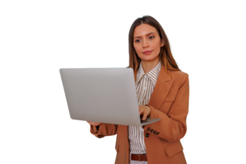 Businesswoman focused on her laptop, busy working to achieve her goals. Transparent background for easy integration