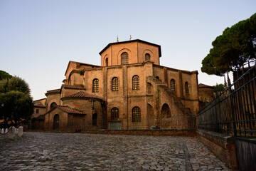 Naklejka premium Basilica of San Vitale Exterior in the Morning at Sunrise in a Cobbled Street of Ravenna