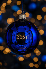 A macro close-up image features a polished sapphire blue Christmas bauble that reflects tiny golden fireworks and the glowing numbers "2026." The background consists of dark, elegant, defocused gold a