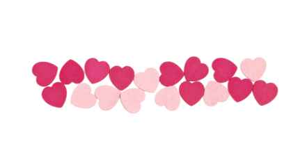 scattered wooden pink and red hearts forming a line isolated on white background, top view, transparent
