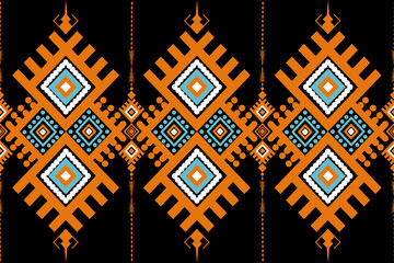 Tribal geometric textile pattern, ethnic diamond motifs, black background with orange and turquoise accents, symmetrical seamless pattern, traditional folk art style, flat vector illustration.