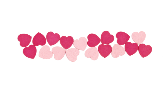 scattered wooden pink and red hearts forming a line isolated on white background, top view, transparent - Powered by Adobe