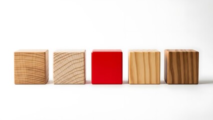 Unique red wooden block standing out among natural wooden blocks on a clean white background, symbolizing individuality and distinctiveness in a harmonious arrangement.