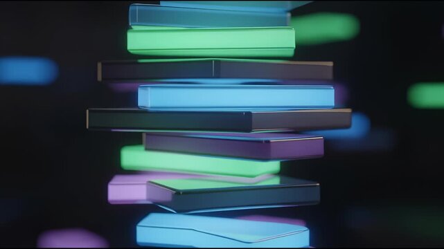 Abstract stack of glowing colorful blocks against a dark background