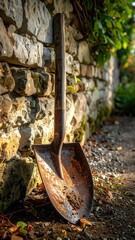 A rusty shovel leans against a rough stone wall, illuminated by sunlight in a garden setting with leaves