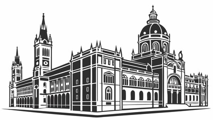 Obraz premium Detailed Vector Illustration of Grand Historic Railway Station Building with Clock Tower and Dome Silhouette for Travel Design