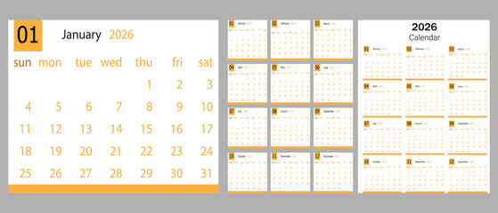 Orange 2026 yearly calendar template with monthly planners and minimalist design for business planning and schedule organization